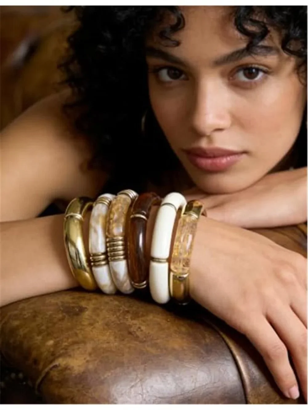 6pcs Chunky Acrylic Bangle Bracelets for Women, Resin Bamboo Brown